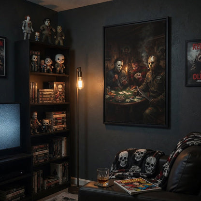 Framed matte canvas artwork with black frame showing horror figures playing cards