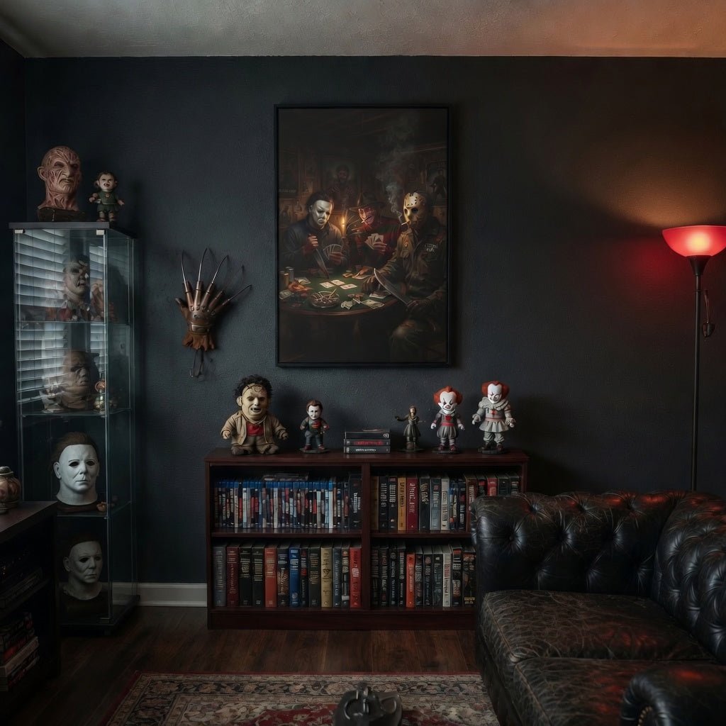 Framed matte canvas print in black frame with horror characters seated at poker