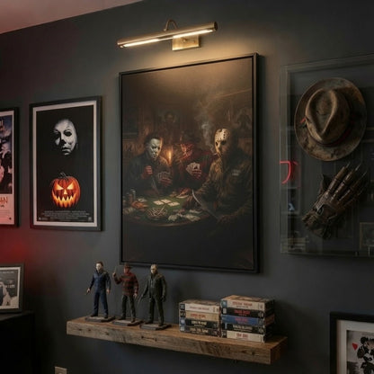 Framed matte canvas wall art with black frame showing horror characters playing poker
