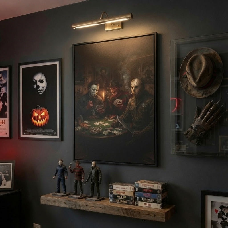Framed matte canvas wall art with black frame showing horror characters playing poker