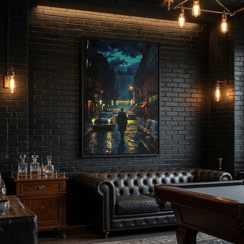 Framed canvas print of a wet city street at night with glowing lights and a centered figure