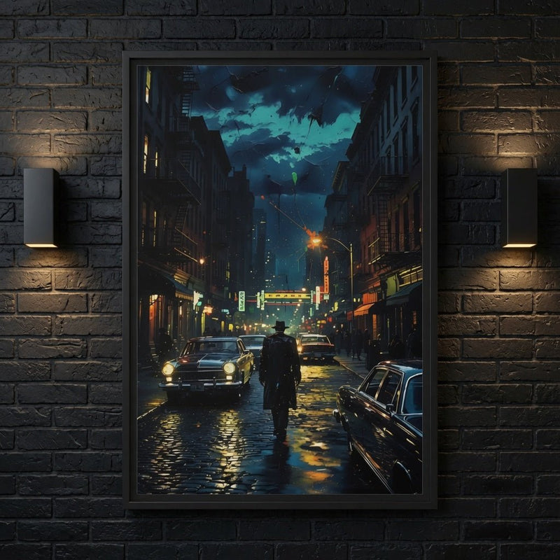 Framed canvas print of a rainy alleyway street at night with cars and a lone pedestrian