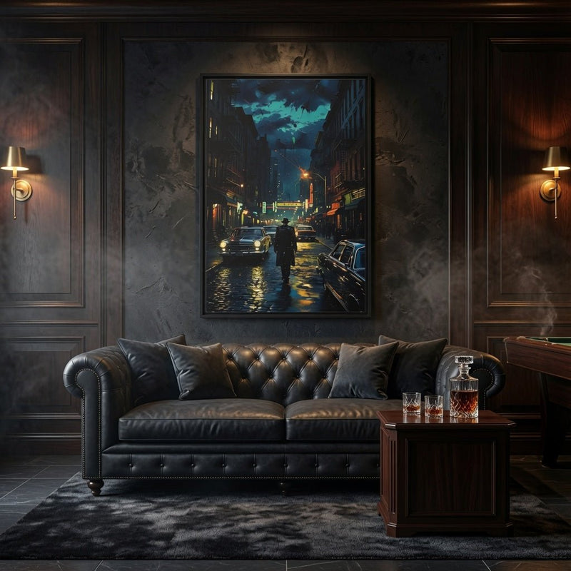 Framed canvas print of a rainy nighttime street with a walking figure and city lights
