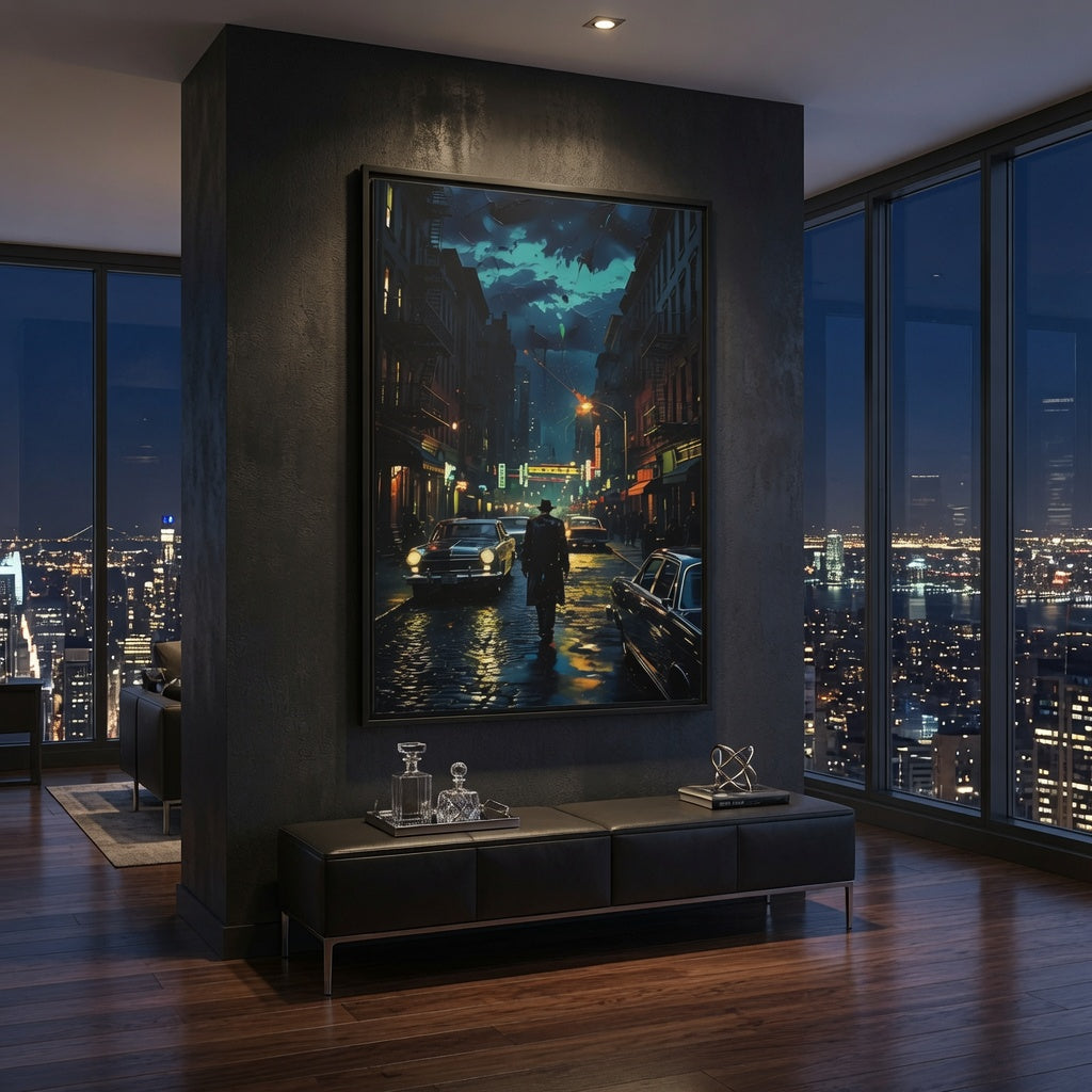 Vintage NY Gangster Rainy City Nightscape — Framed Canvas Print