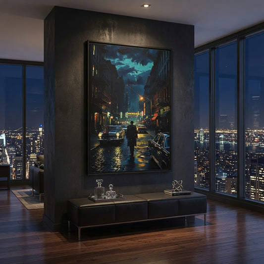 Vintage NY Gangster Rainy City Nightscape — Framed Canvas Print