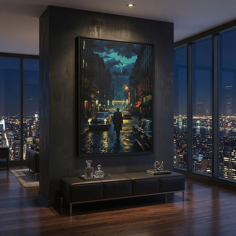 Black-framed canvas print on wall, rainy street view with cars and neon signs