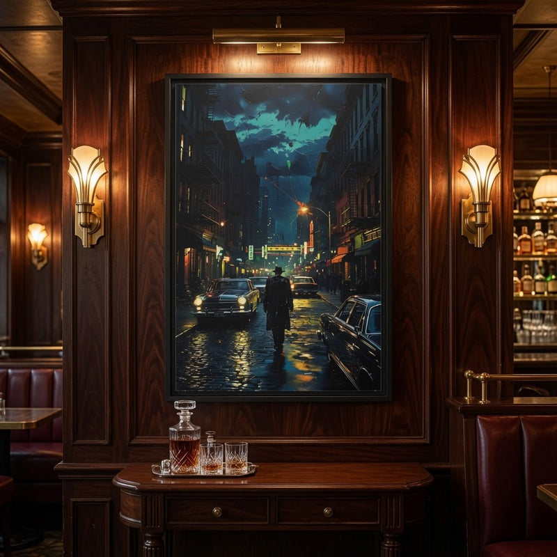 Black-framed canvas print, rainy city street at night with a lone figure