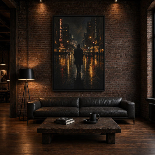 Framed canvas depicting a lone walker on a wet city street, displayed above a sofa