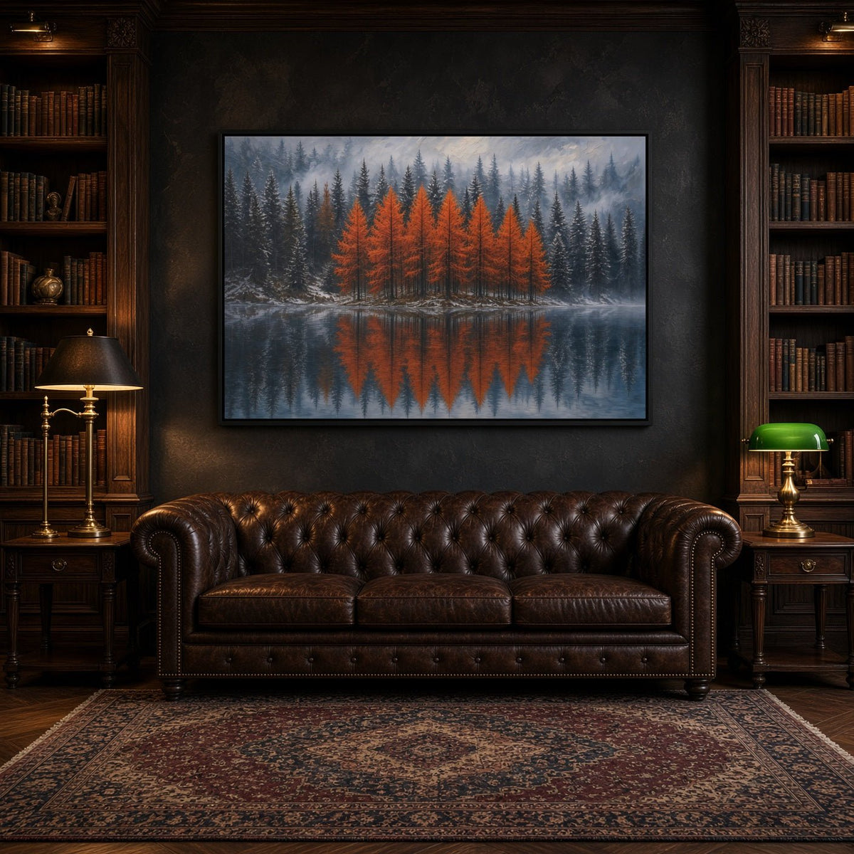 Framed autumn pine forest canvas print with orange trees and mirrored reflection, dark frame