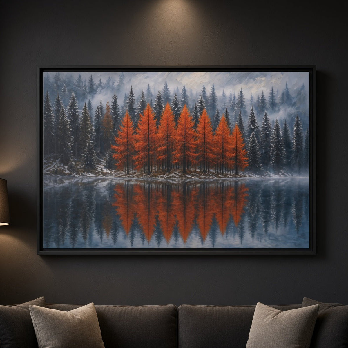 Black-framed canvas wall art: orange autumn forest reflected in a misty lake.