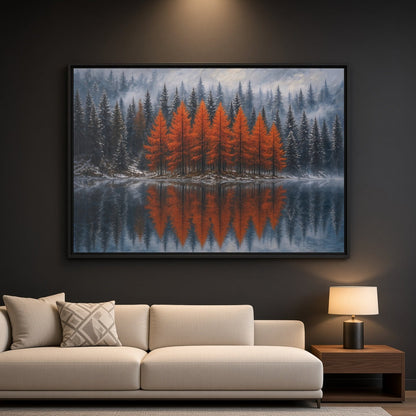 Black-framed canvas wall art featuring orange autumn trees reflected in a lake.