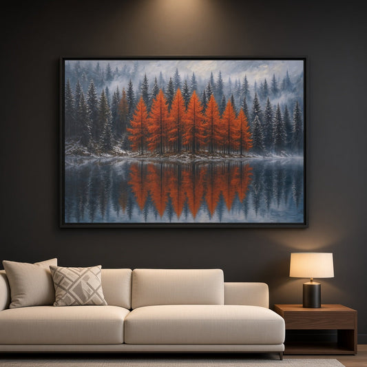 Black-framed canvas wall art featuring orange autumn trees reflected in a lake.