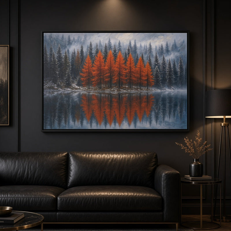 Black-framed canvas wall art with orange trees and mirrored lake reflection.