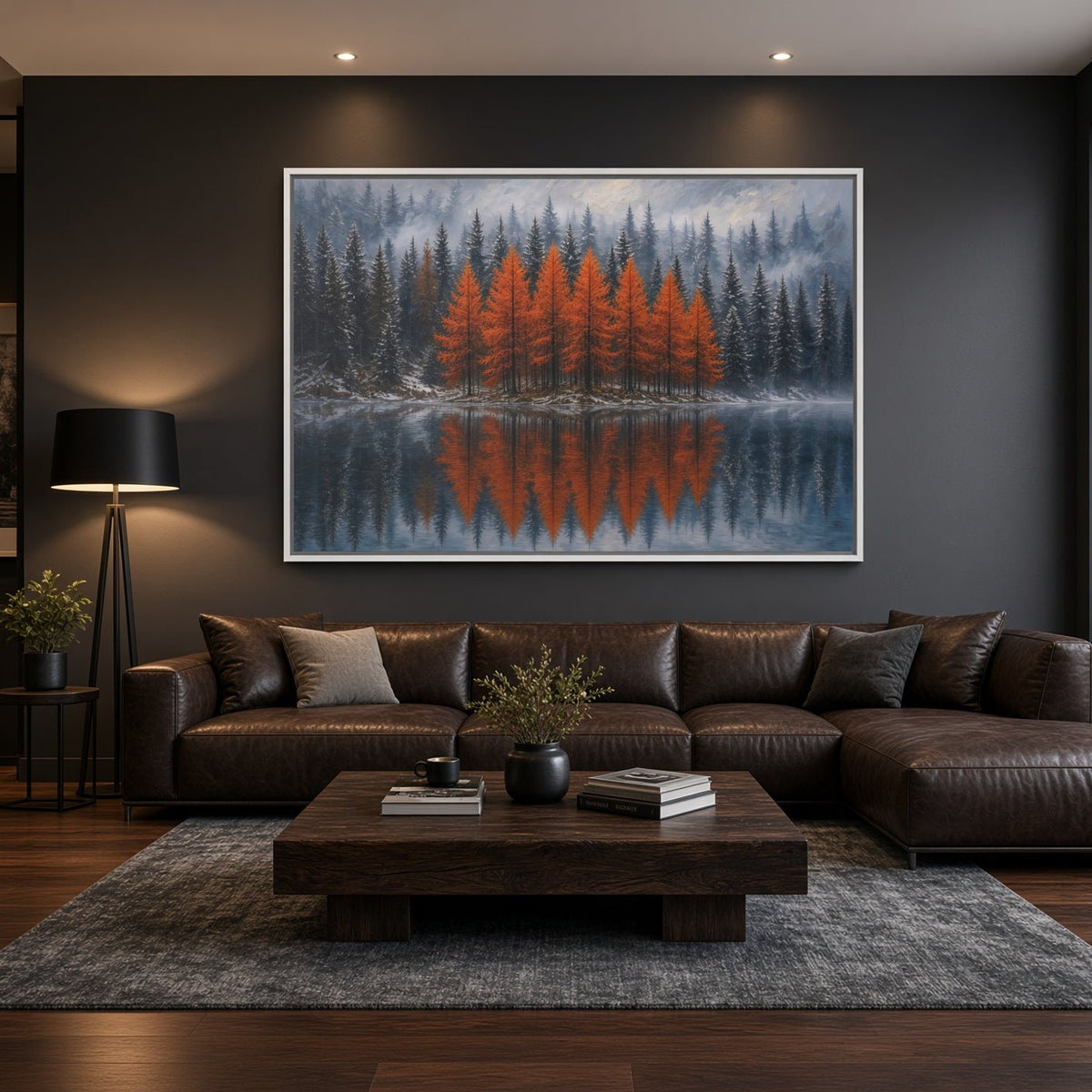 Black-framed canvas wall art with white mat; orange trees reflected in the lake.