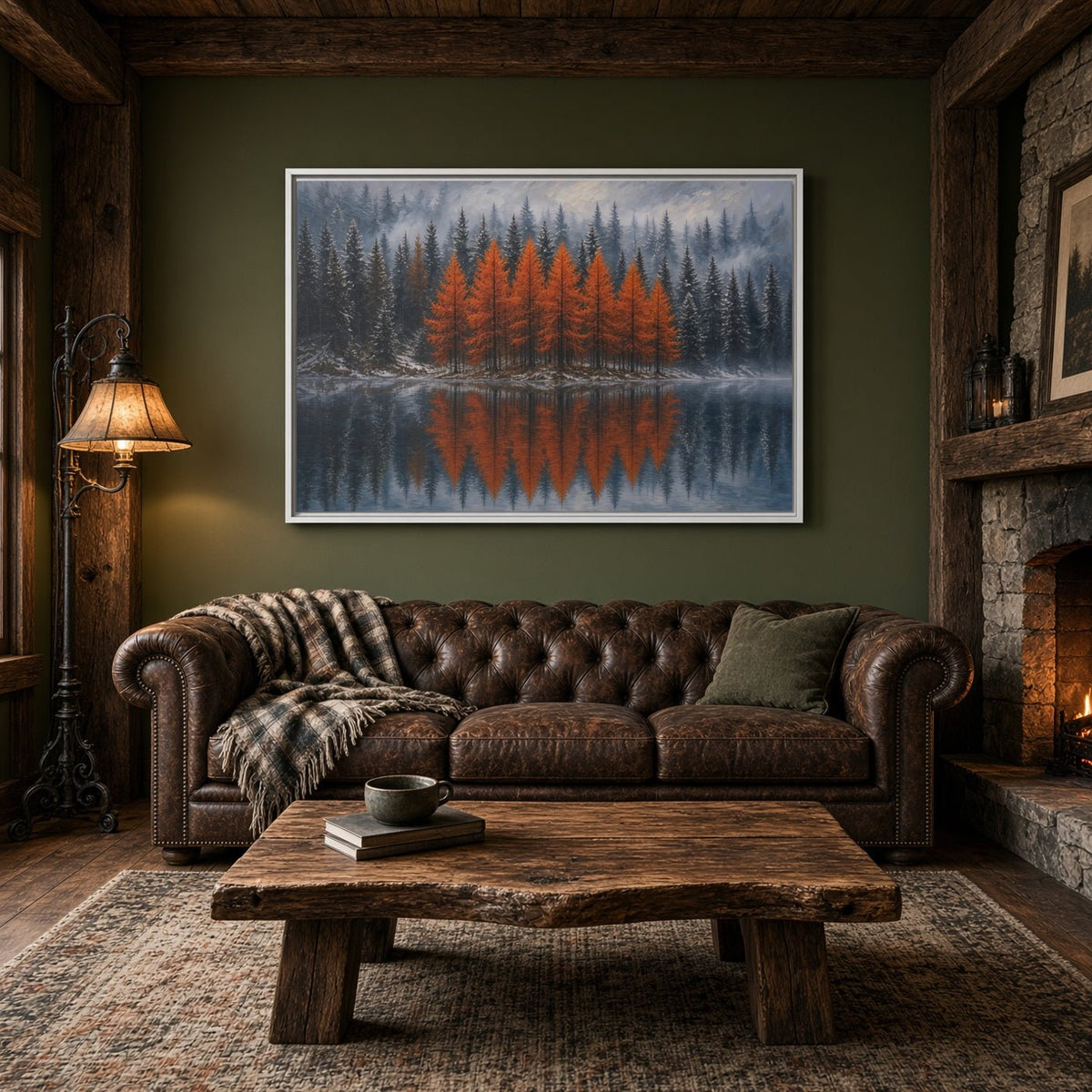 Framed canvas wall art with orange pines and mirrored lake in cool mist.