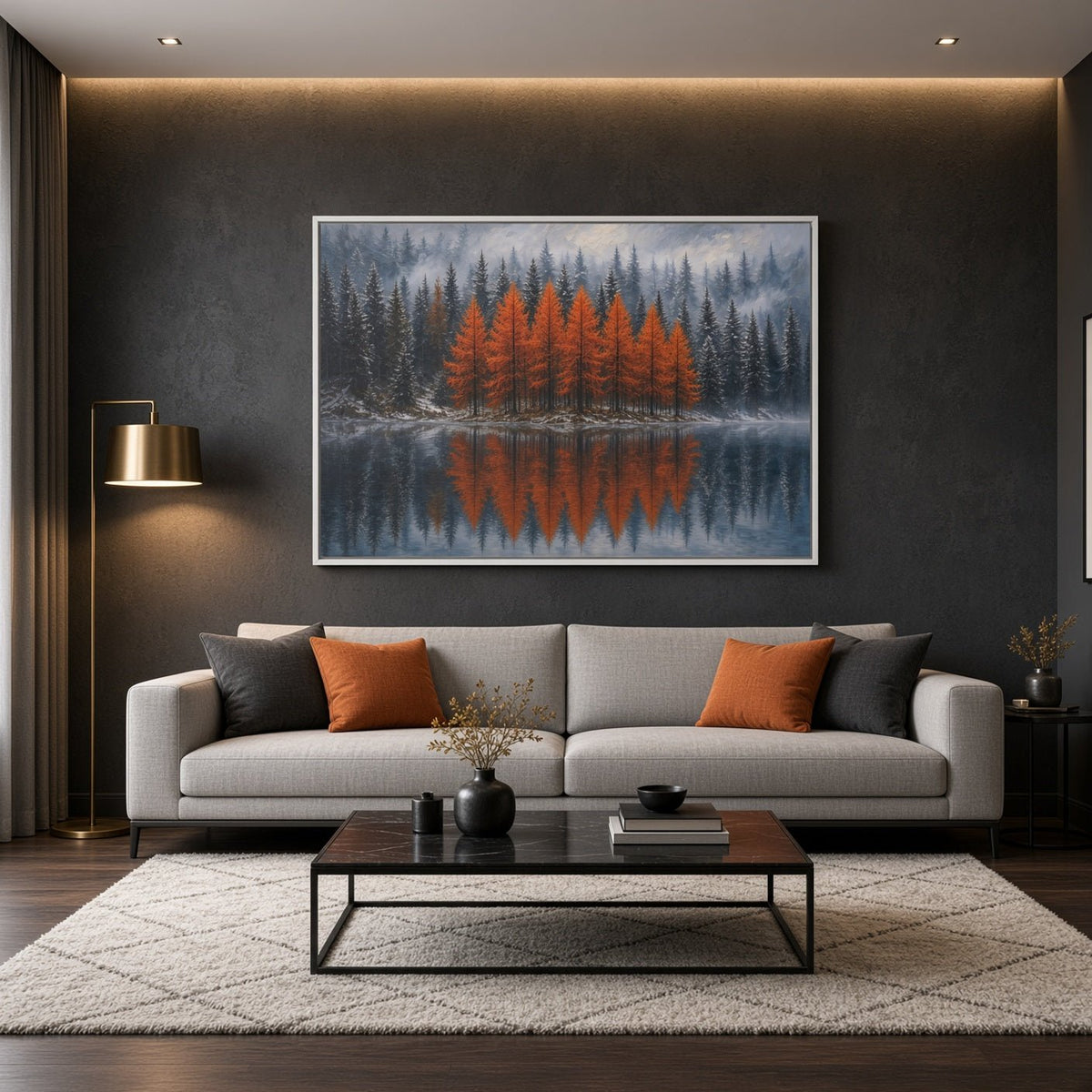 Framed canvas wall art with orange forest and mirrored reflection over a lake.