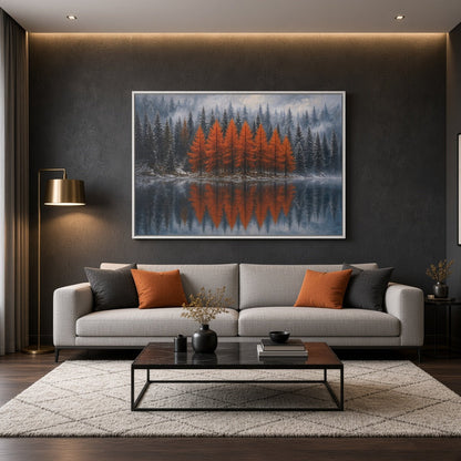 Framed canvas wall art with orange forest and mirrored reflection over a lake.