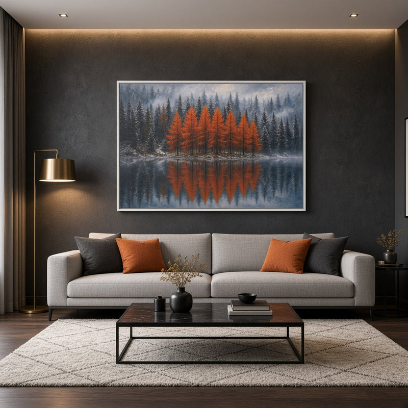 Framed canvas wall art with orange forest and mirrored reflection over a lake.