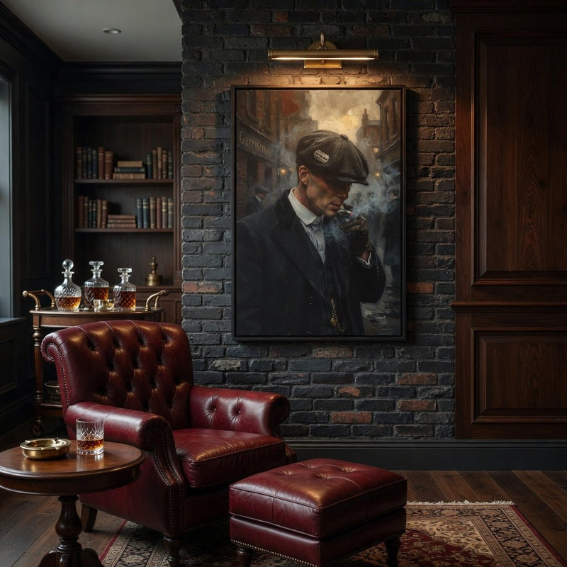 Framed matte canvas of a smoking man in a dark suit and cap, wall-mounted