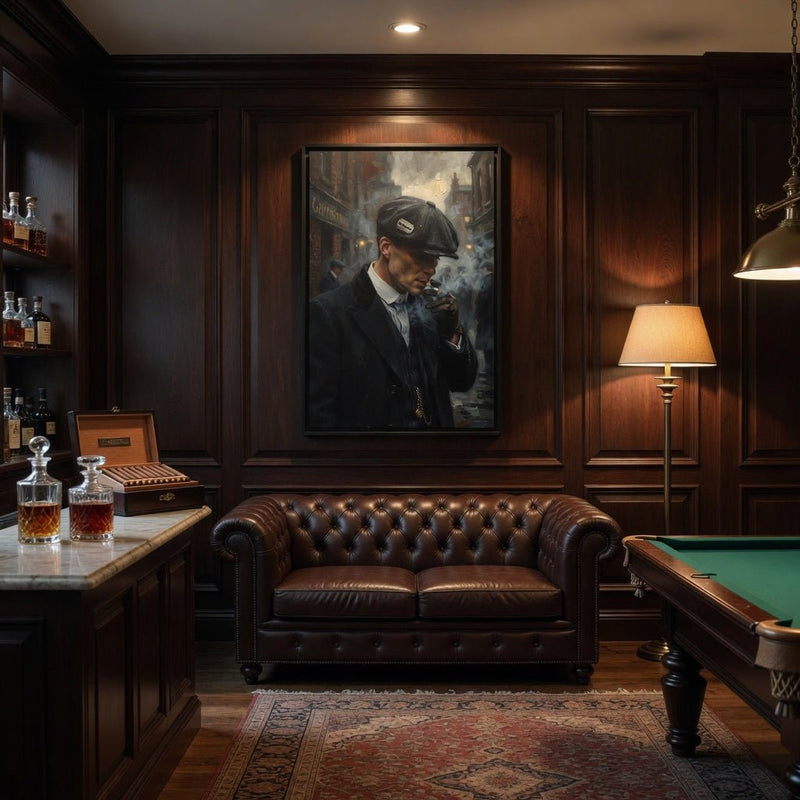 Framed matte canvas print showing a smoking man in a dark suit and cap, profile