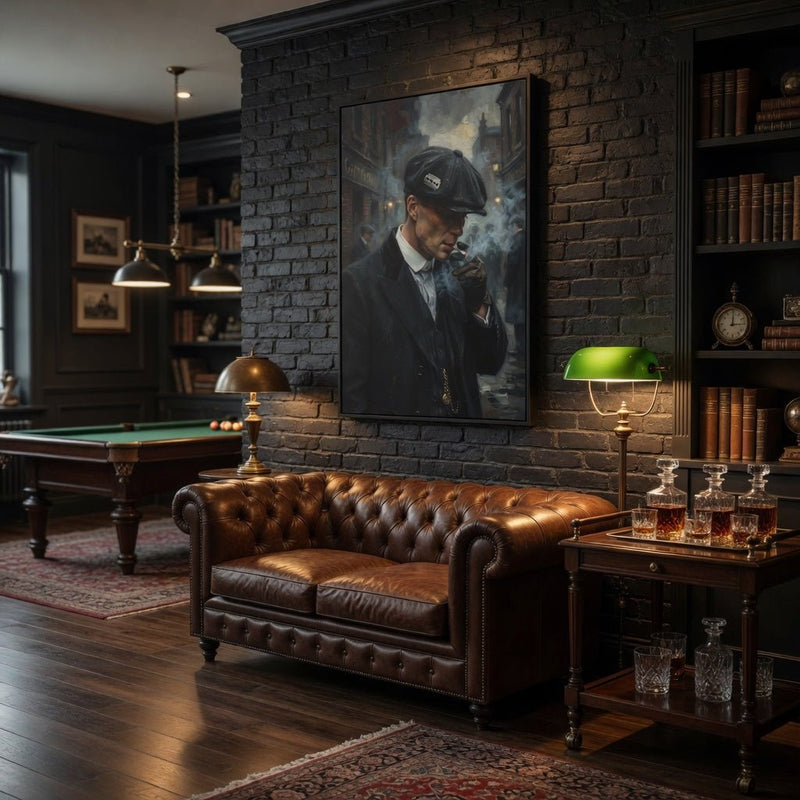 Framed matte canvas print of a smoking man in a dark suit and cap, wall artwork