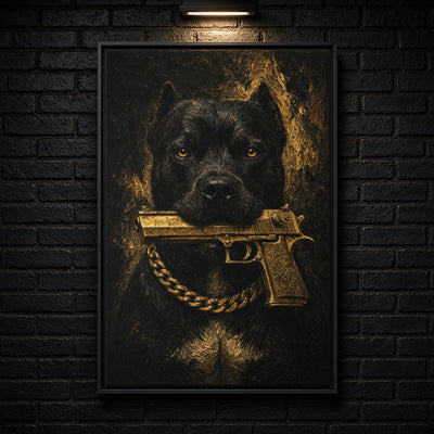 Gold Chain Pitbull | Dark Portrait Framed Canvas