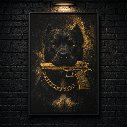 Gold Chain Pitbull | Dark Portrait Framed Canvas