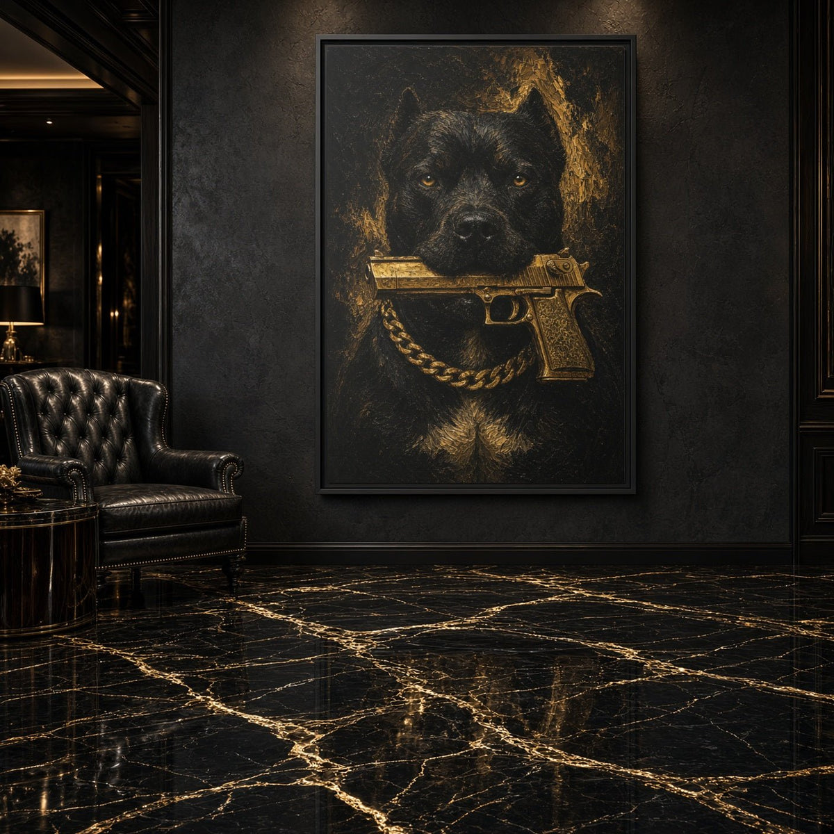Gold Chain Pitbull | Dark Portrait Framed Canvas
