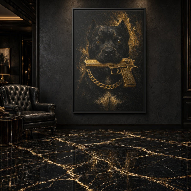 Gold Chain Pitbull | Dark Portrait Framed Canvas
