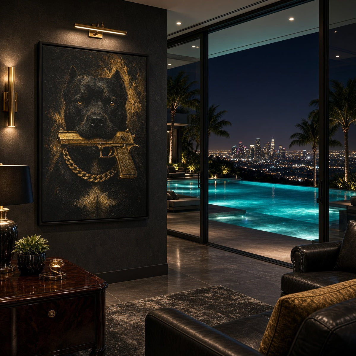 Gold Chain Pitbull | Dark Portrait Framed Canvas