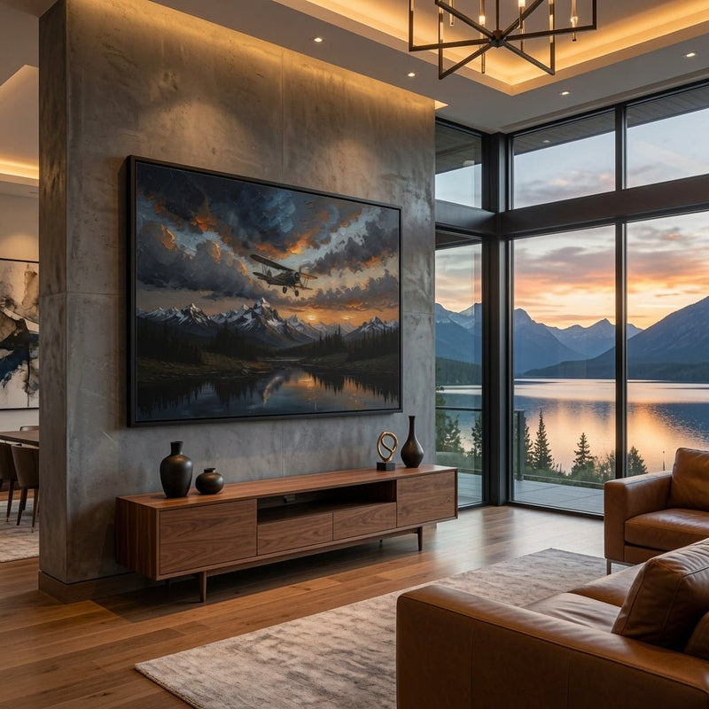 Black-framed framed matte canvas wall art with biplane over mountain lake at sunset