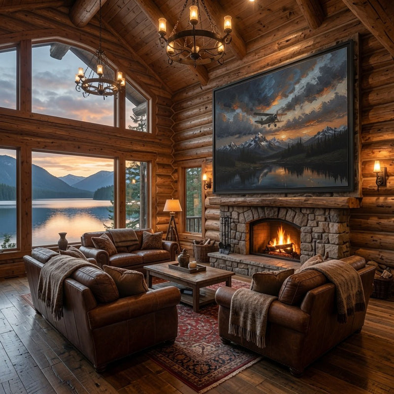 Black-framed framed matte canvas above rustic sofa, biplane over mountains and lake