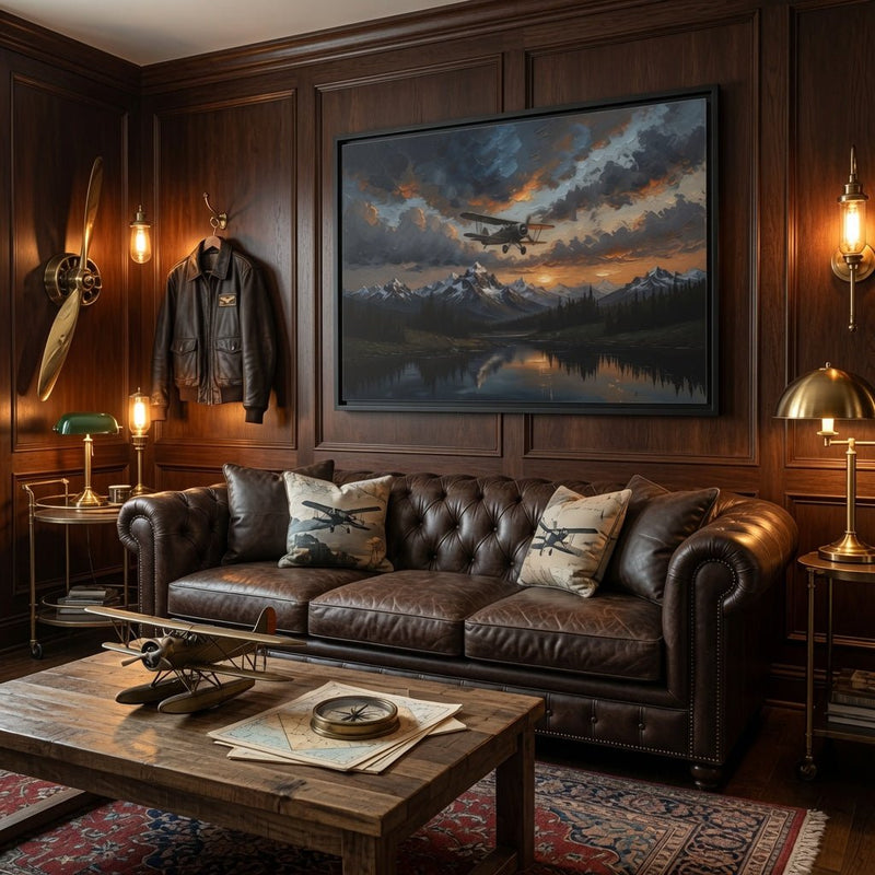 Black-framed framed matte canvas above sofa, biplane over mountains and lake reflections