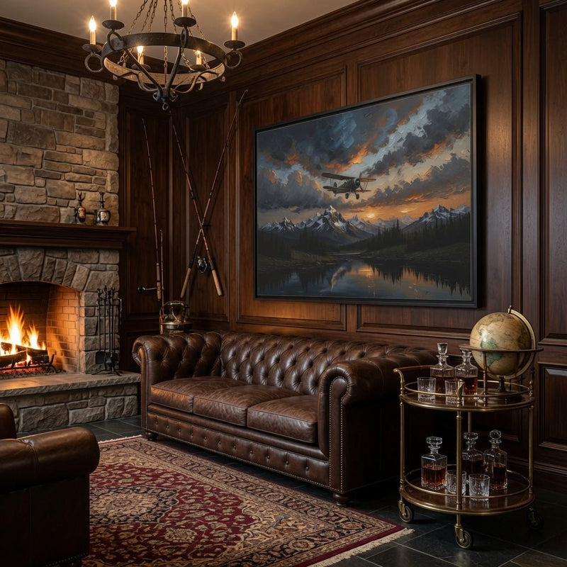 Black-framed framed matte canvas on wooden wall showing biplane over mountain lake dusk