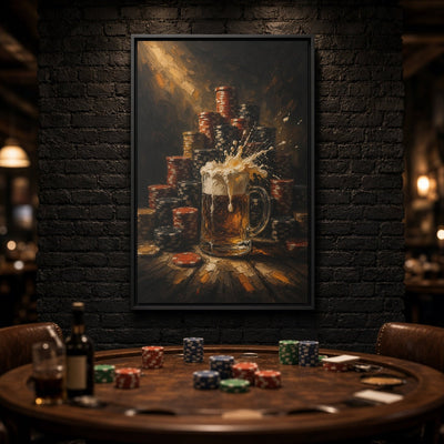 Beer canvas wall art with black frame, frothy beer mug and energetic foam splash