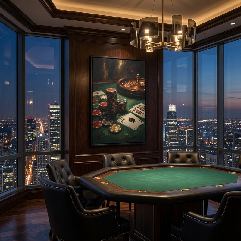 Black framed roulette and poker canvas with chip stacks, roulette wheel, and playing cards