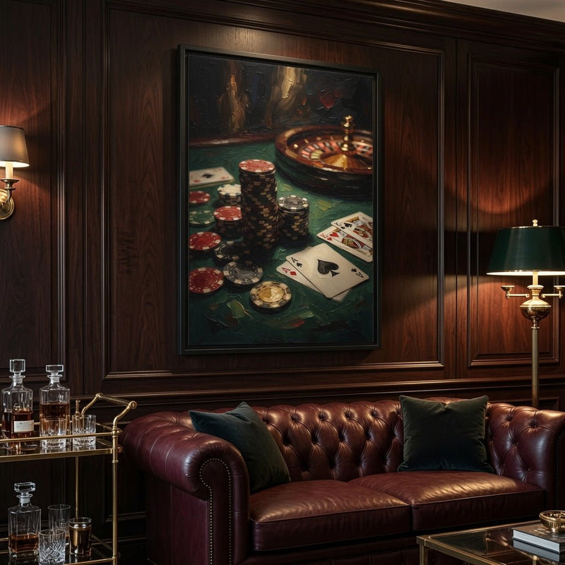 Black framed roulette and poker canvas with chips, roulette wheel, and a spade-symbol card