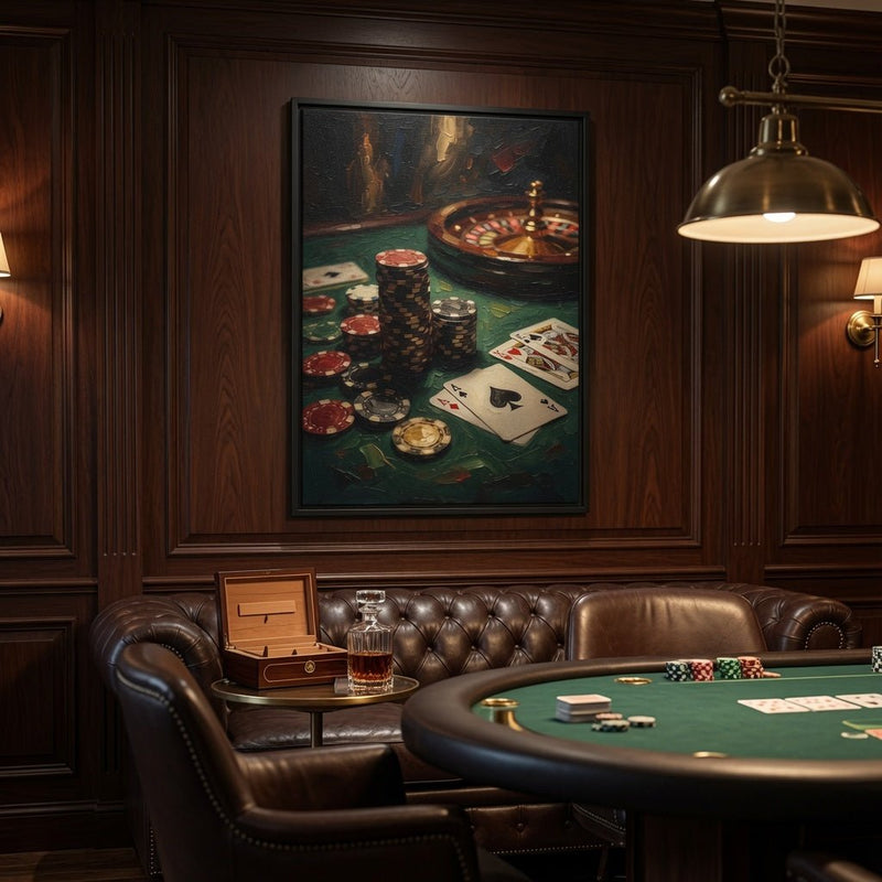Black framed roulette and poker canvas showing roulette wheel, chips, and poker cards