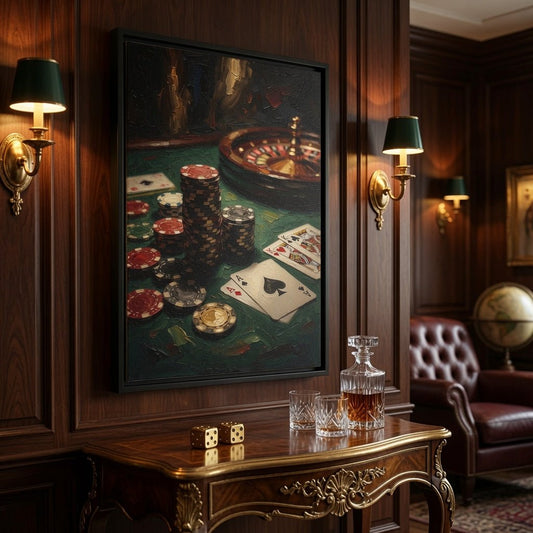 Framed canvas art with poker chips, roulette wheel, and playing cards, dark frame