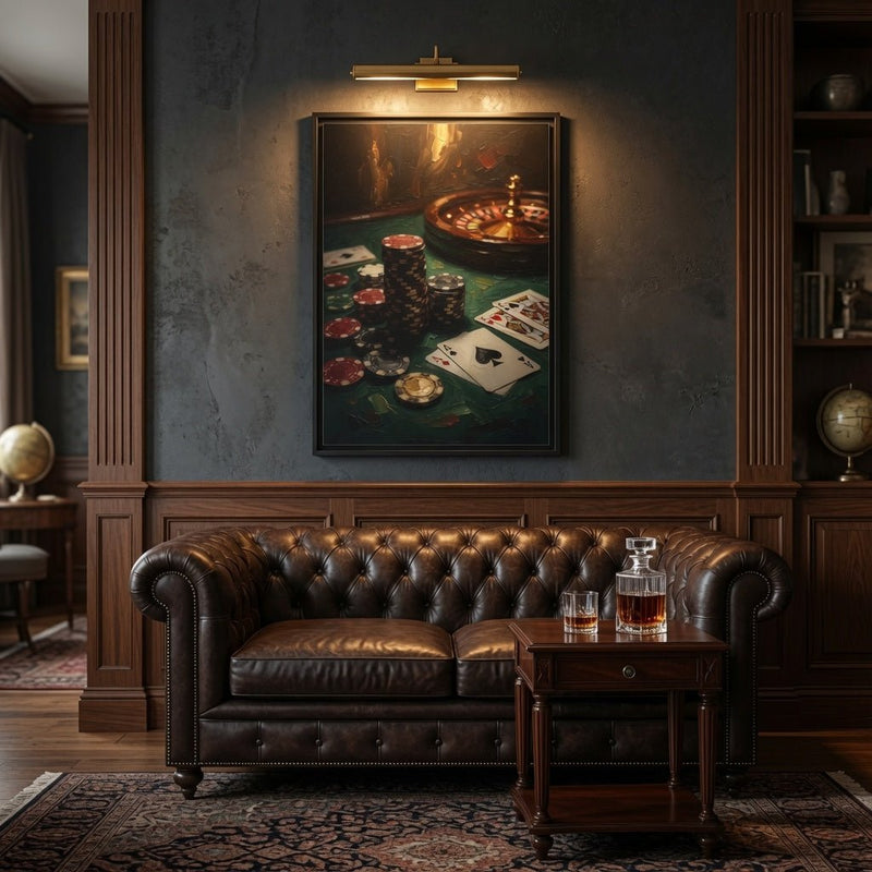 Framed canvas art showing poker chips and playing cards beside roulette wheel, dark frame