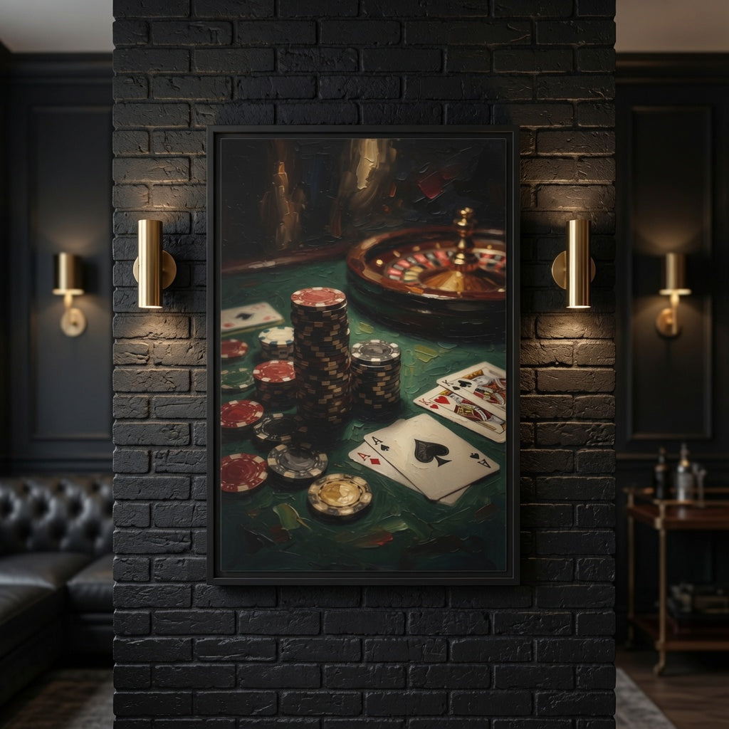 Framed canvas art with black frame, poker chips, roulette wheel and playing cards