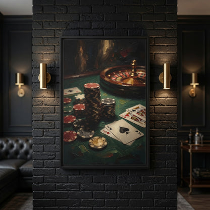 Framed canvas art with black frame, poker chips, roulette wheel and playing cards