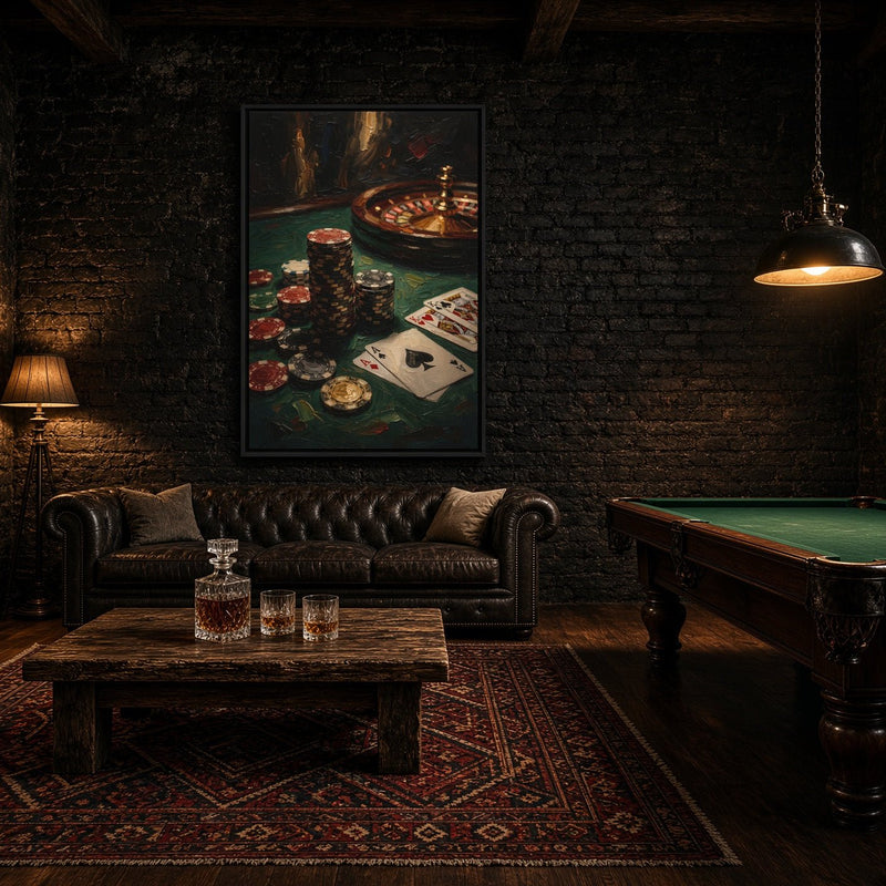 Black-framed casino canvas depicting poker chips, cards and a roulette wheel.