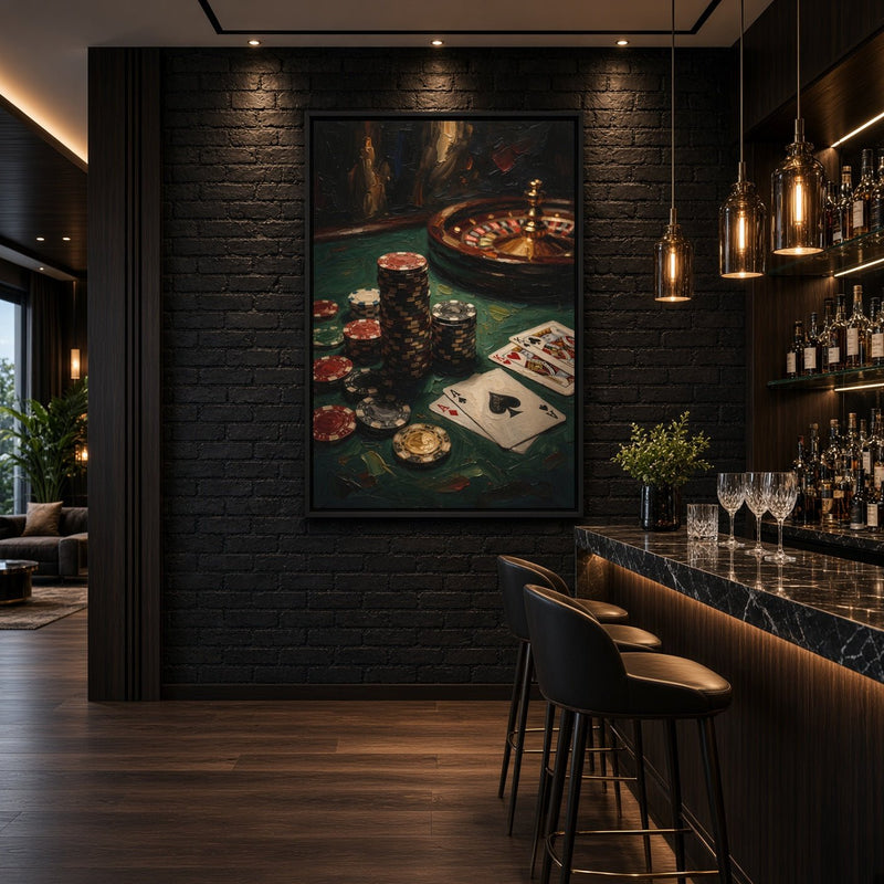 Framed casino painting featuring a roulette wheel and poker chips on a green table.