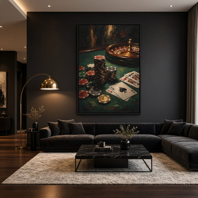 Vertical canvas artwork of a roulette wheel, scattered chips and playing cards.