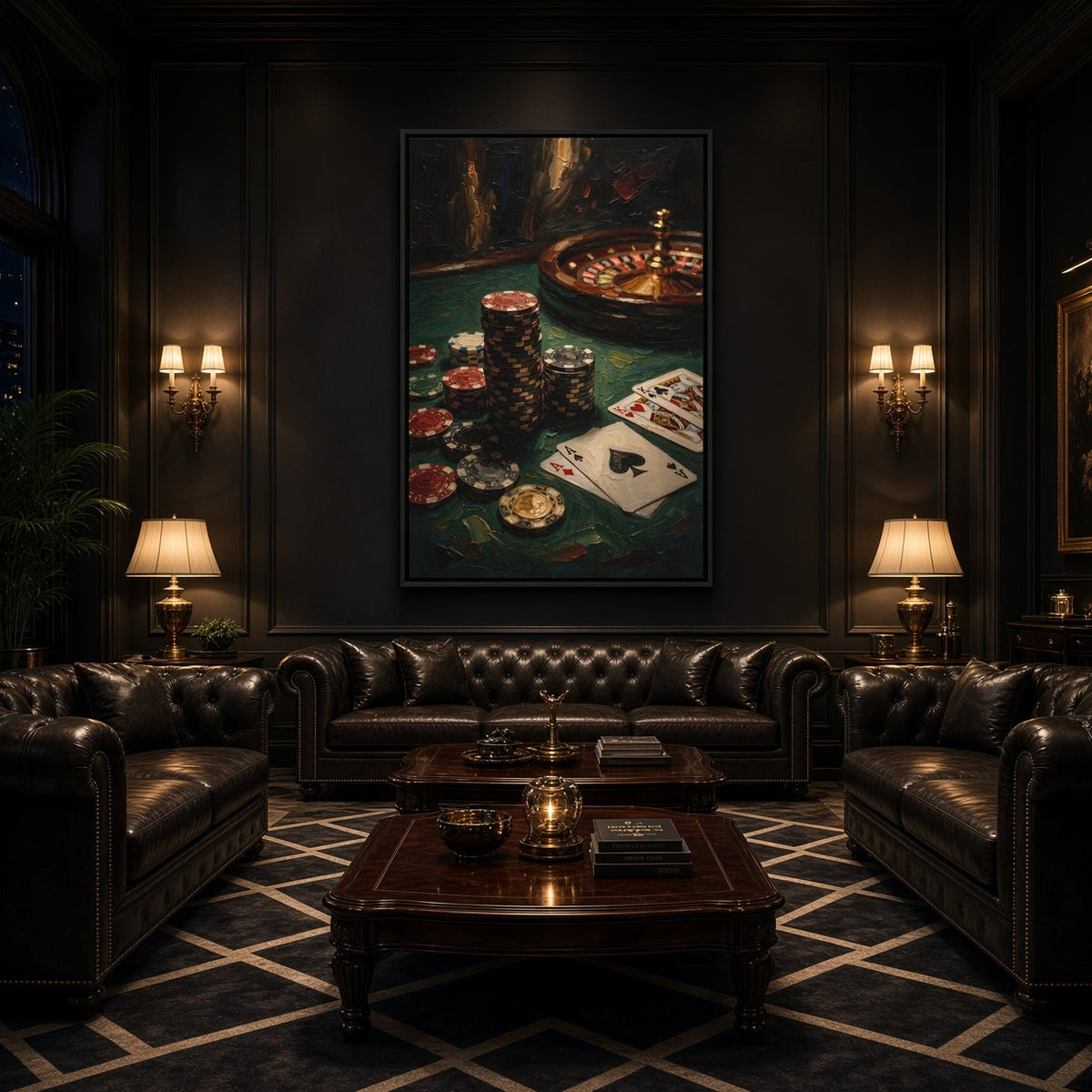 Casino canvas art with playing cards in front of stacked chips and a roulette wheel.