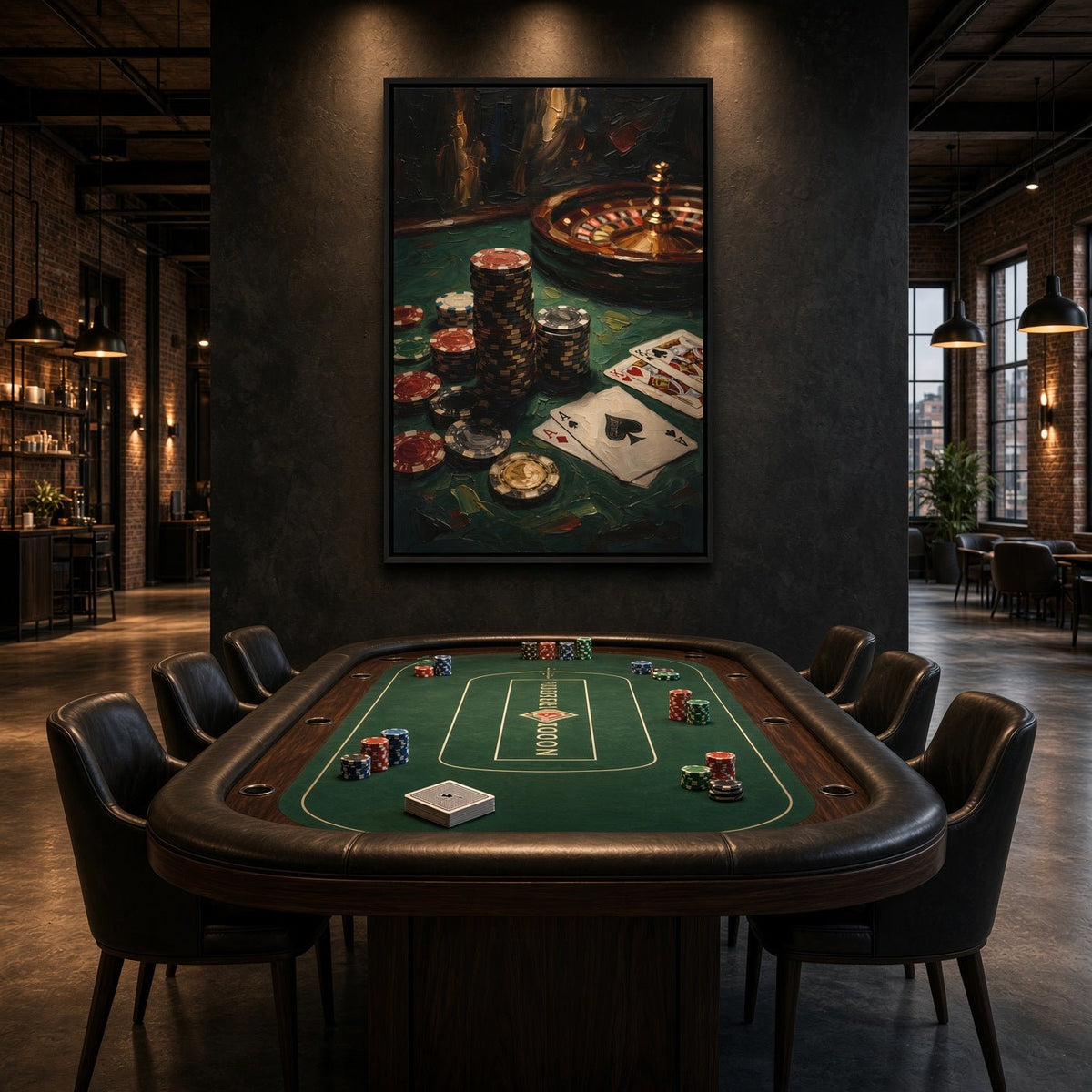 Casino-themed canvas art with a roulette wheel, poker chips and playing cards in a black frame.