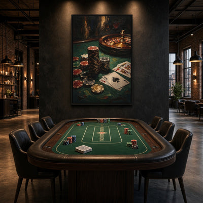 Casino-themed canvas art with a roulette wheel, poker chips and playing cards in a black frame.