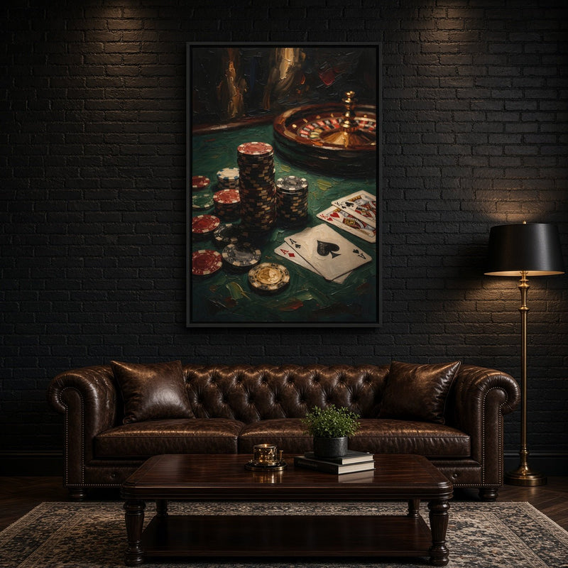 Vertical casino canvas showing stacked chips, playing cards and a roulette wheel.