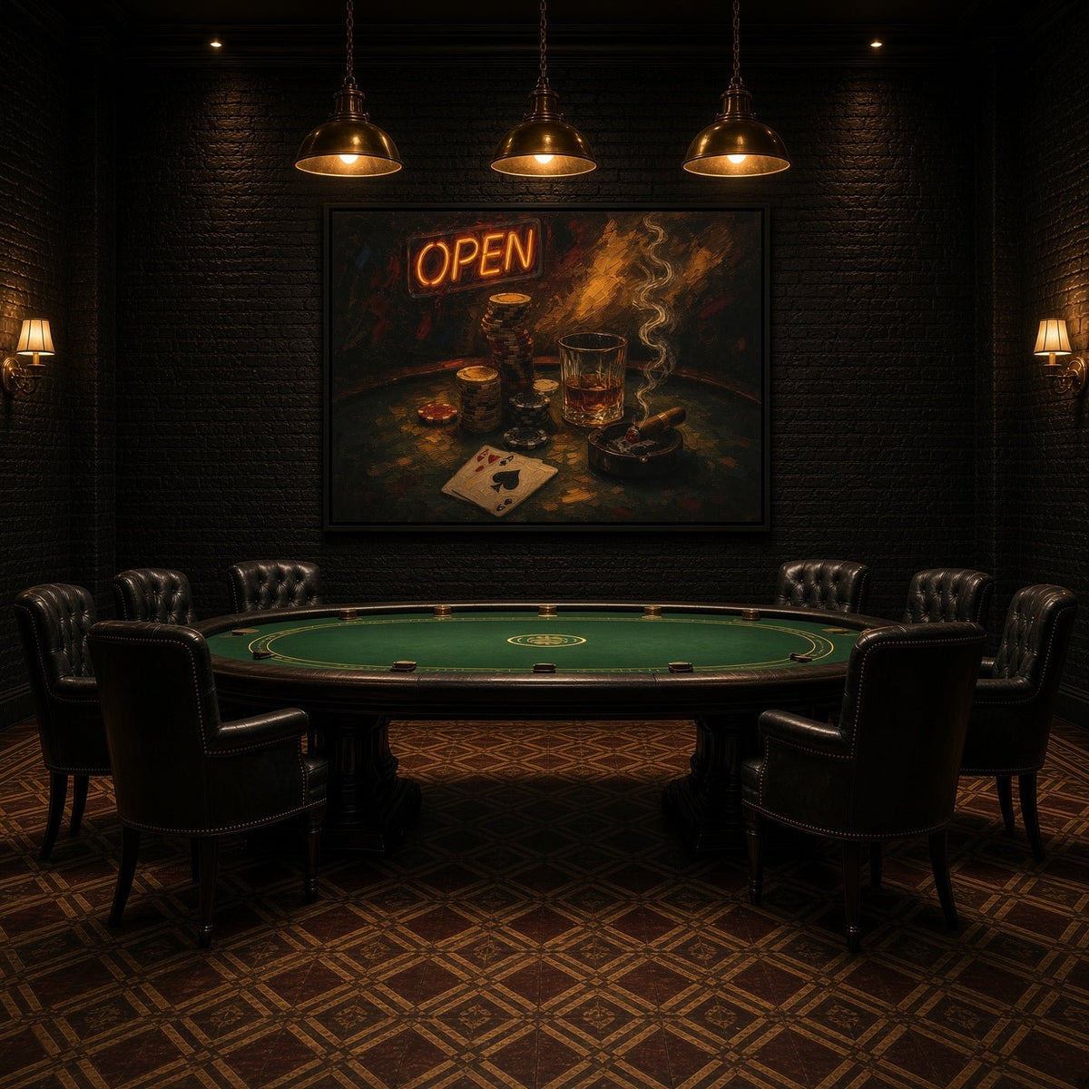 Poker night canvas with OPEN sign, poker chips, whiskey glass, cigar, and a spade playing card